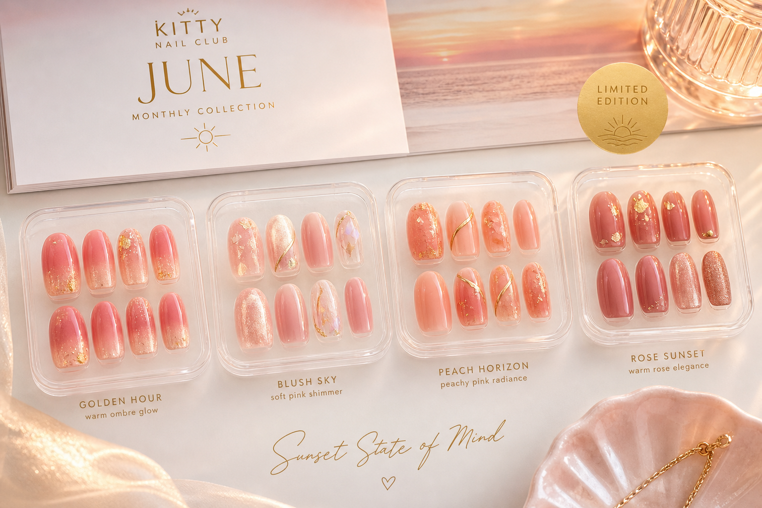 Colección Kitty Edición Junio: 4 sets de press-on con degradados rosados y detalles dorados inspirados en atardeceres de verano